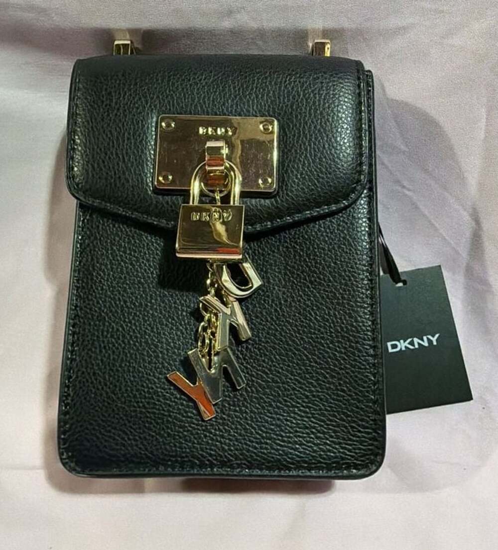 DKNY Elissa North South Phone Crossbody Black Gold Lock Charm New without strap!